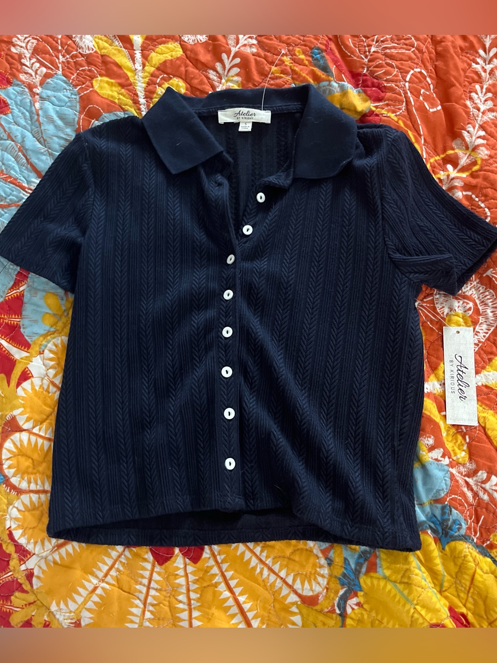 Adele & Co. Women’s Navy Ribbed Polo Button-Down Top
